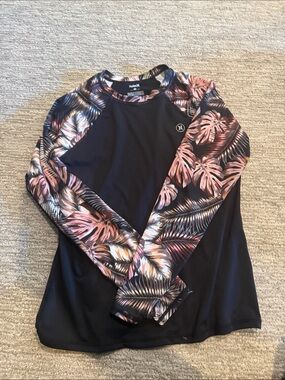 Hurley Black Rash Guard with Pink and Cream Tropical Leaf Sleeves